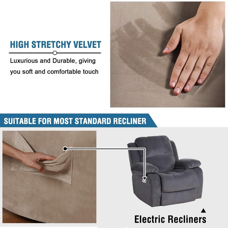 H.VERSAILTEX Real Velvet Recliner Couch Cover Stretch Slip Cover for Recliner Chairs 1 Piece Non Slip Covers for Recliner Chair with Pocket, Washable Reclining Chair for Kids, Pets (Taupe, Large) - Image 3